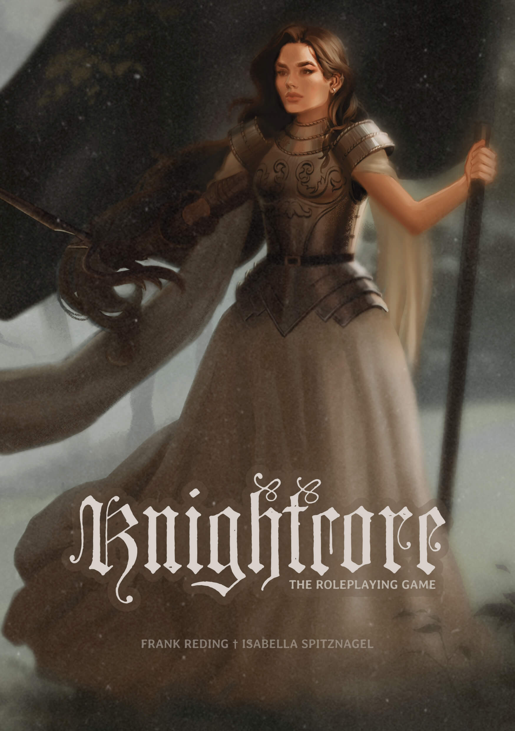 Book cover of 'Knightcore' with a lady night .